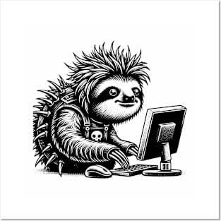 Punk Rock Goth Sloth on Computer Vintage Style Posters and Art